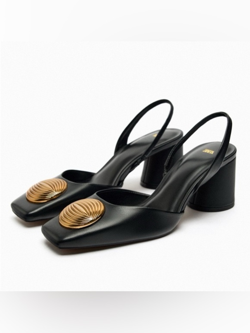 Zara Black Slingback Block Heel Pumps with Gold Medallion, Size 39(8)
